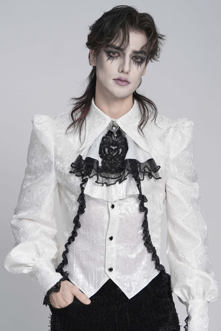 White Printed Diamante Beaded Embroidered Patchwork Lace Men's Gothic Luxurious Royal Neckwear - Product - 3