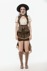 Brown Point Lapel Collar Sleeveless Women's Steampunk Utility Vest with Cargo Pockets - Brown - 1