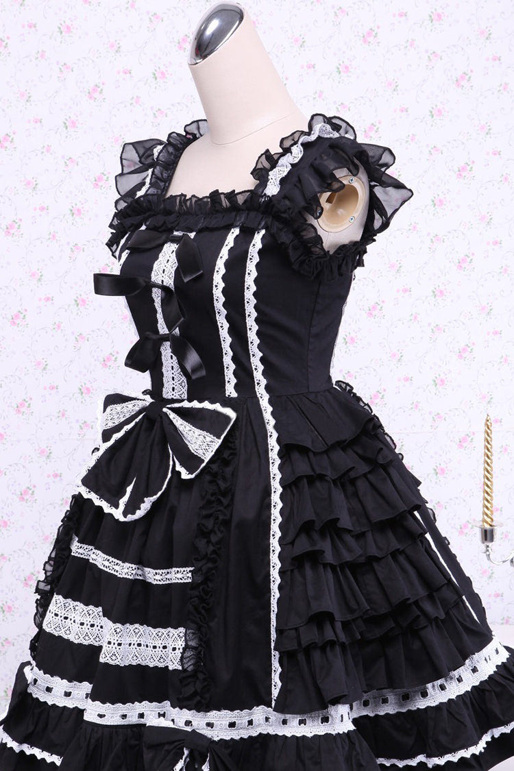 Black/White Cap Sleeves Ruffled Bowknot Lace Trim Gothic Lolita Dress - Product - 2