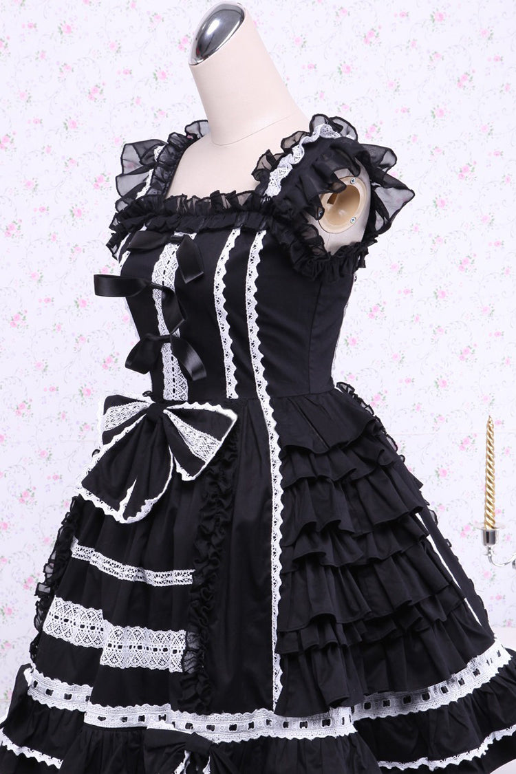 Black/White Cap Sleeves Ruffled Bowknot Lace Trim Gothic Lolita Dress - Product - 2