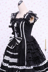 Black/White Cap Sleeves Ruffled Bowknot Lace Trim Gothic Lolita Dress - Product - 2