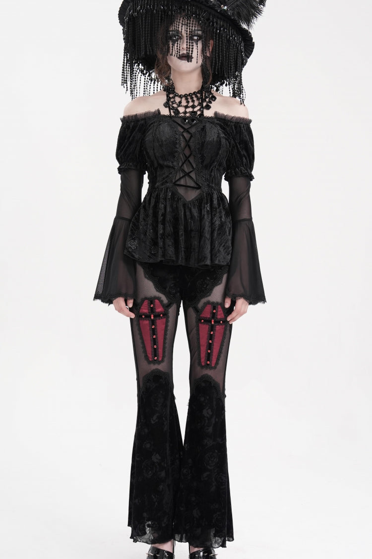 Black Halterneck Long Sleeves Hollow Lace-Up Mesh Women's Gothic Blouse - Product - 8