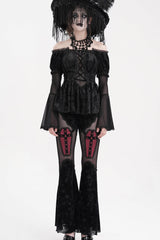 Black Halterneck Long Sleeves Hollow Lace-Up Mesh Women's Gothic Blouse - Product - 8