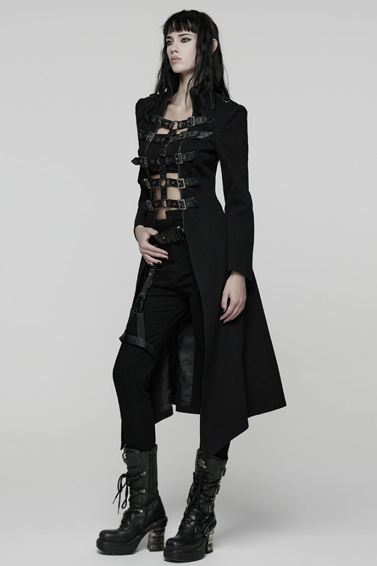 Black Stand Collar Long Sleeves Lace-Up Mesh Buckle Women's Punk Coat - Product - 2