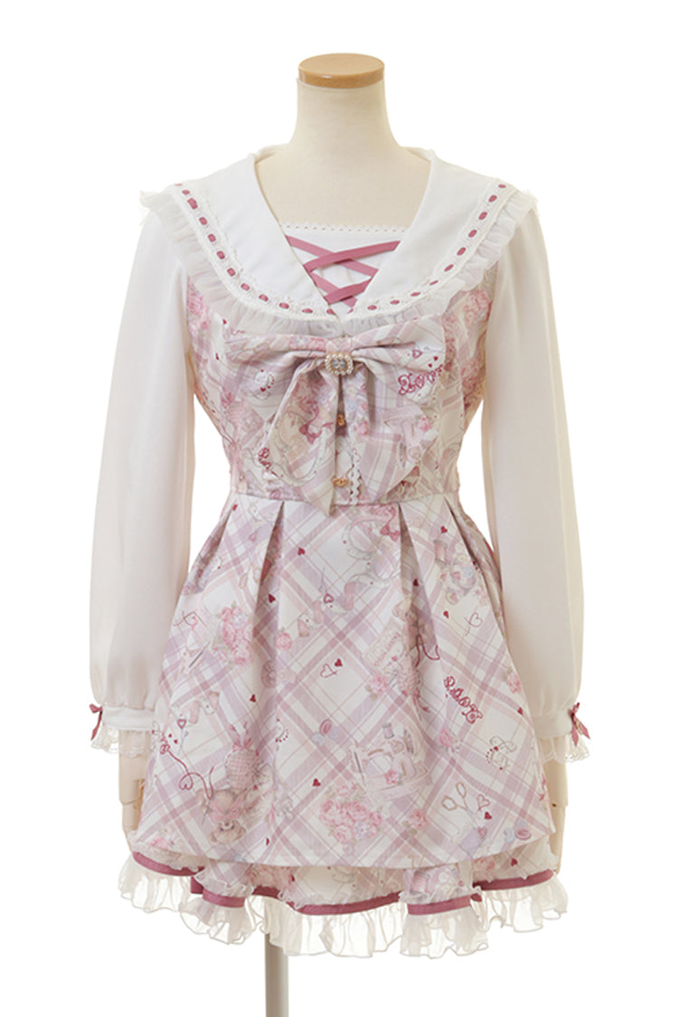 [Sewing Bear] Long Sleeves Print Bowknot Lace Sweet Jirai Kei Plus Size Dress 3 Colors - Dark-Pink - 1