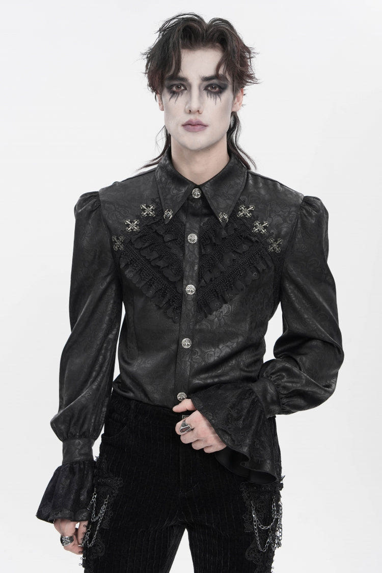 Black Cross Spider Turn-down Collar Long Trumpet Sleeves Printed Lace Men's Gothic Shirt - Black - 1