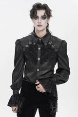 Black Cross Spider Turn-down Collar Long Trumpet Sleeves Printed Lace Men's Gothic Shirt - Black - 1