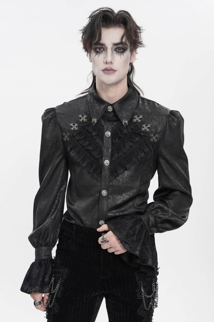 Black Cross Spider Turn-down Collar Long Trumpet Sleeves Printed Lace Men's Gothic Shirt - Black - 1