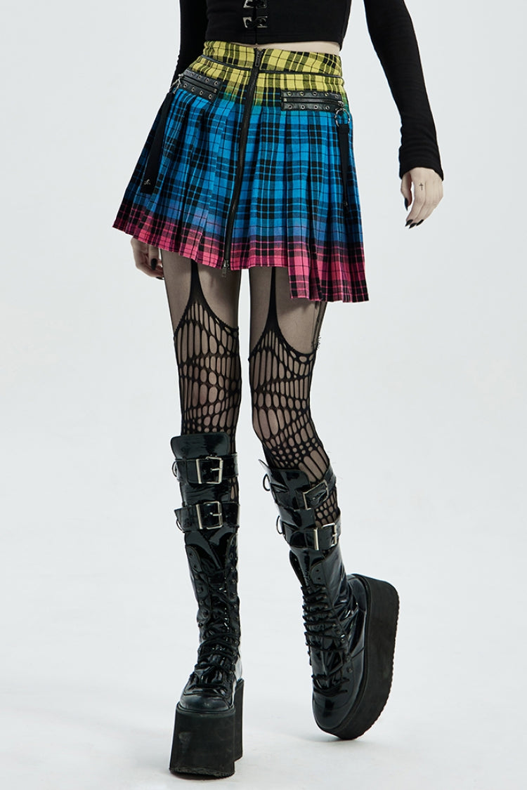Multi-Color Plaid Print Pockets Zipper Irregular Women's Steampunk Skirt - Multi-Color - 1