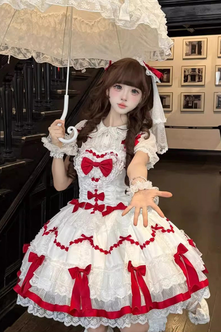Red/White [Scarlet Heart Cocoa] Sleeveless Triple-Layered Ruffle Embroidery Bowknot Lace Sweet Lolita Jsk Dress - Product - 3