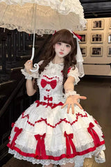 Red/White [Scarlet Heart Cocoa] Sleeveless Triple-Layered Ruffle Embroidery Bowknot Lace Sweet Lolita Jsk Dress - Product - 3
