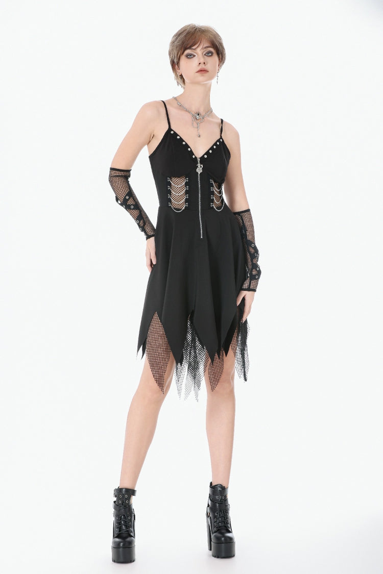 Black Sleeveless Mesh Spliced Studded Zipper Women's Punk Slip Dress - Product - 10