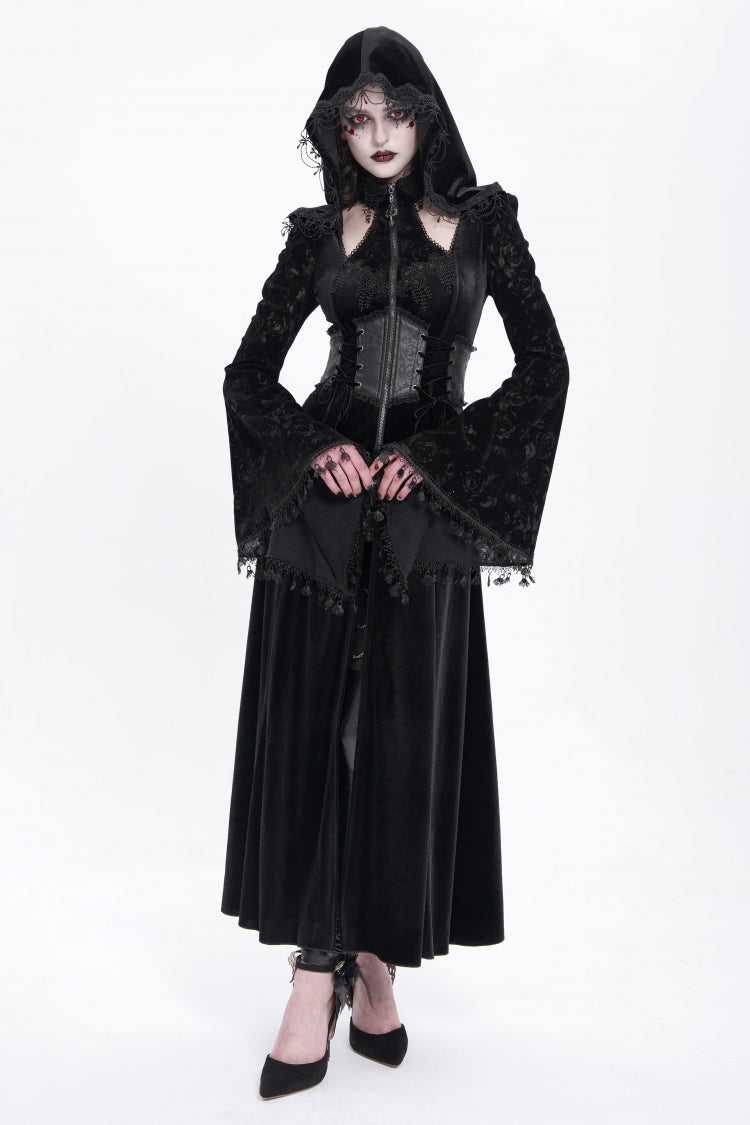 Black Long Sleeves Hollow Embroidery Hooded Ripped Women's Gothic Dress Coat - Product - 8