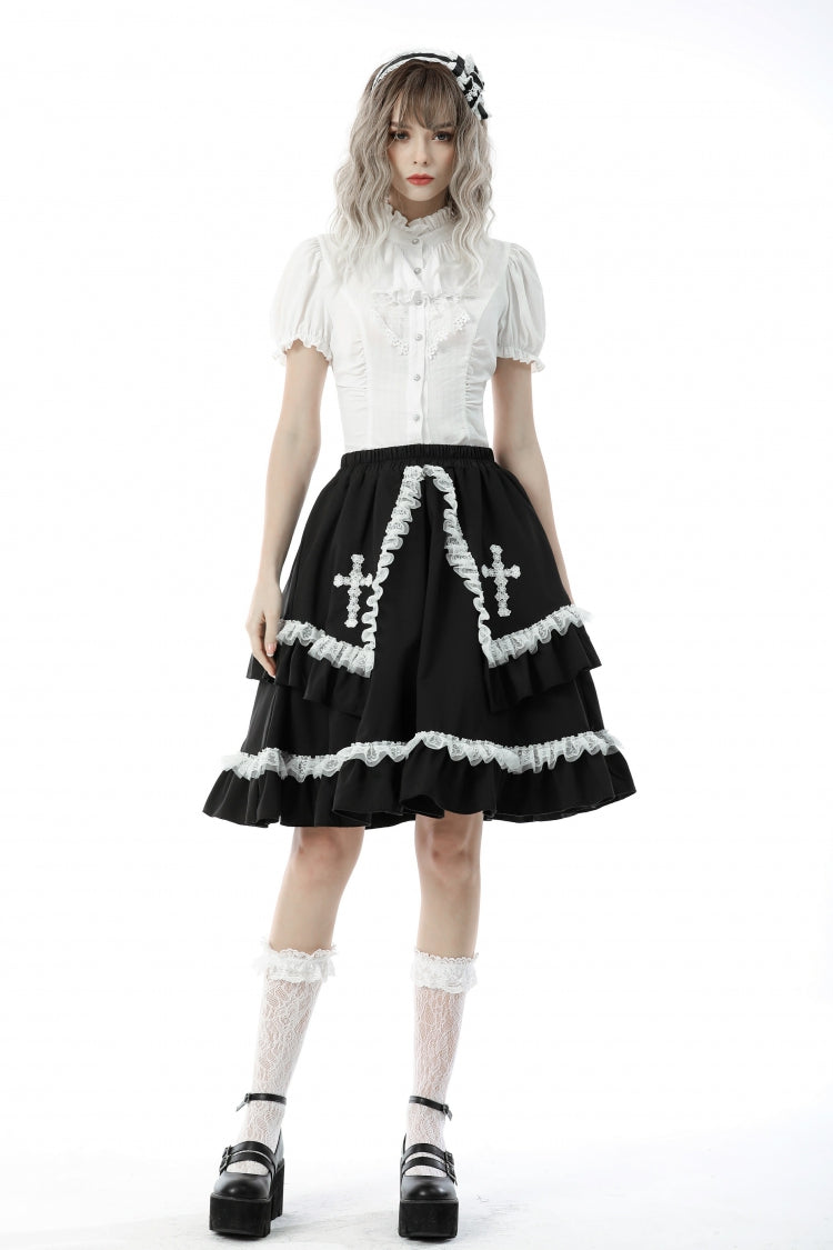 White Short Puff Sleeves Ruffled Neckline Lace Lace-Up Women's Gothic Blouse - Product - 7
