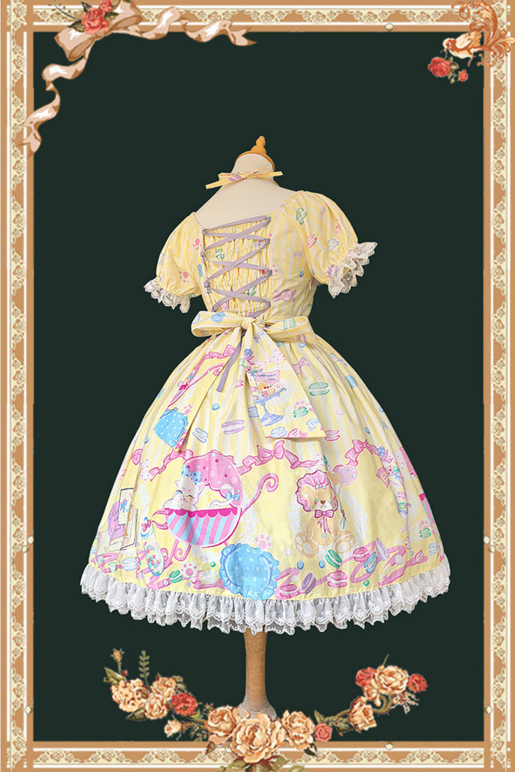 Yellow [Macarons Dolly House] Square Collar Short Lantern Sleeves Printed Bow Sweet Lolita Dress - Product - 3