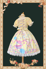 Yellow [Macarons Dolly House] Square Collar Short Lantern Sleeves Printed Bow Sweet Lolita Dress - Product - 3