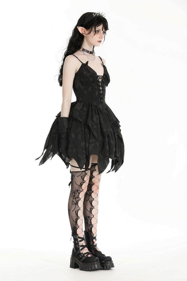 Black V Collar Sleeveless Halloween Printed Irregular Women's Gothic Slip Dress - Product - 7