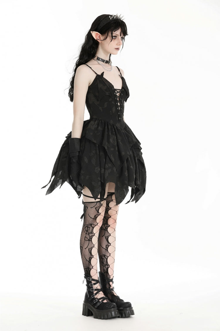 Black V Collar Sleeveless Halloween Printed Irregular Women's Gothic Slip Dress - Product - 7