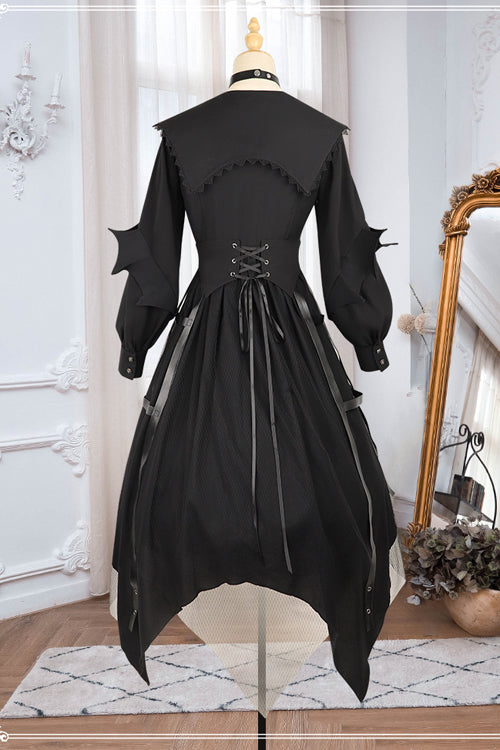 Black Lapel Collar Cat Eye Irregular Hem Gothic Lolita OP Dress - Product - 8