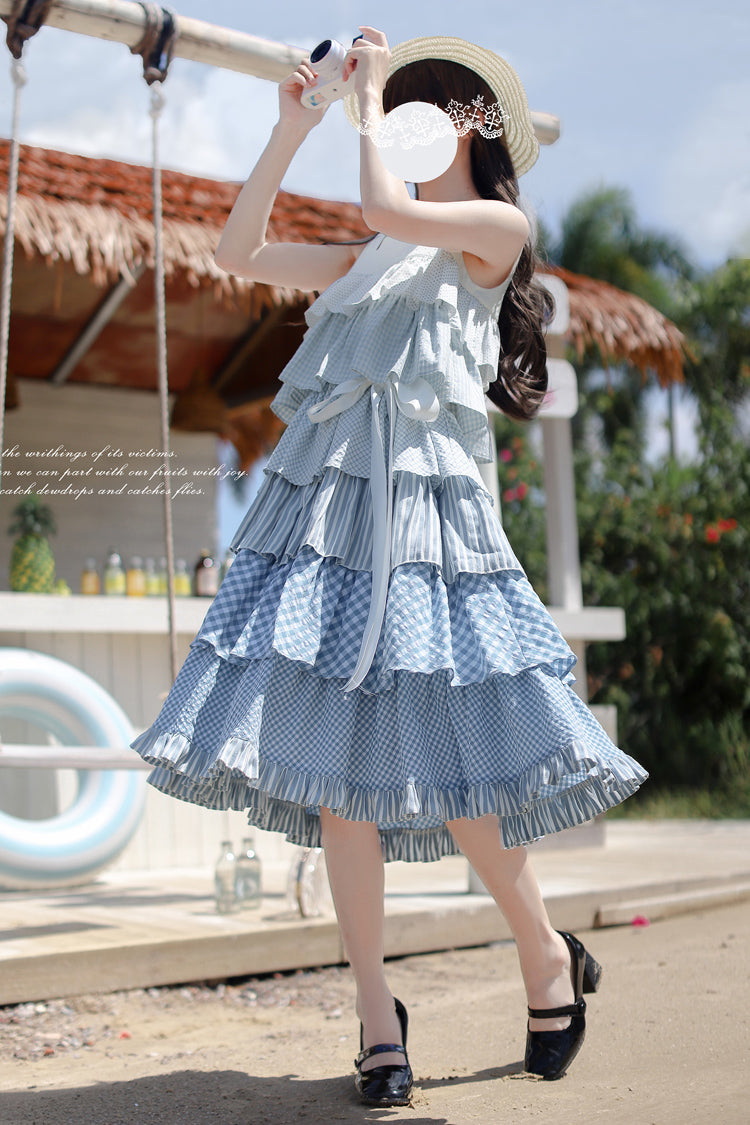 Blue [Go To The Beach] Multi-Layered Print Ruffle Holiday Sweet Lolita Jsk Dress - Product - 11