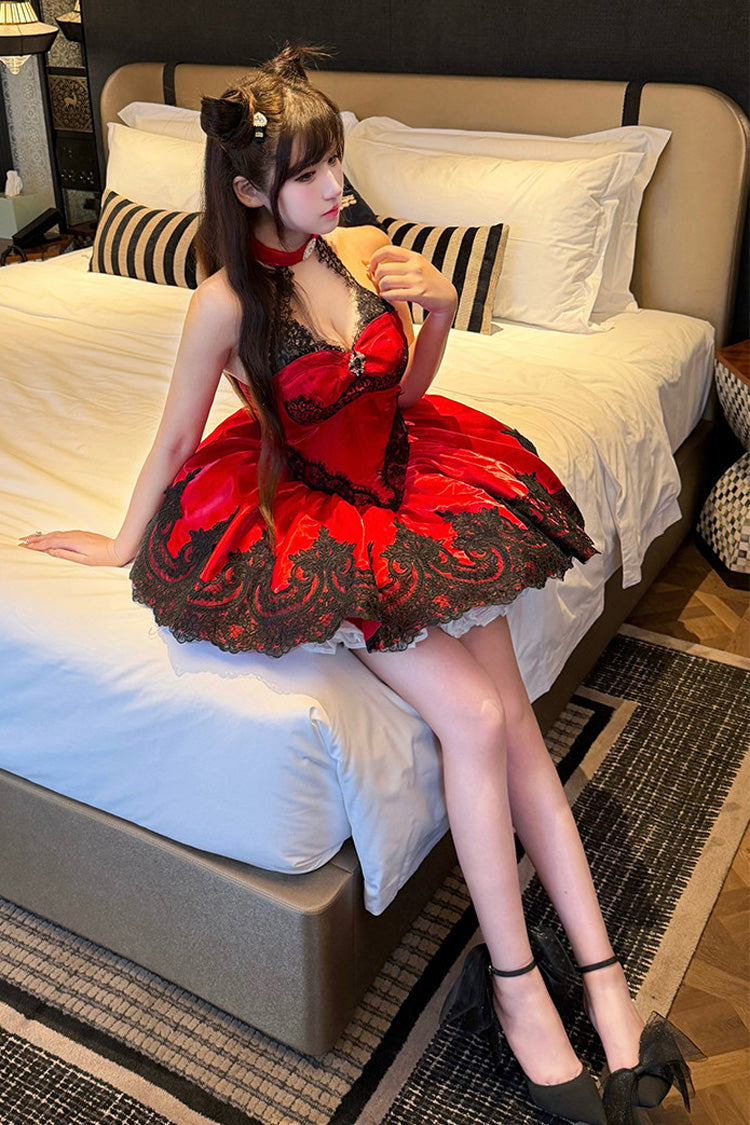 Red [Lace Cat] Halterneck Cut-Out Embroidered Gothic Ballet Lolita Jsk Dress - Product - 5