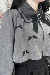 Grey Lapel Collar Long Sleeves Bowknot Sweet Japanese Jirai Kei Blouse Coat - Product - 6