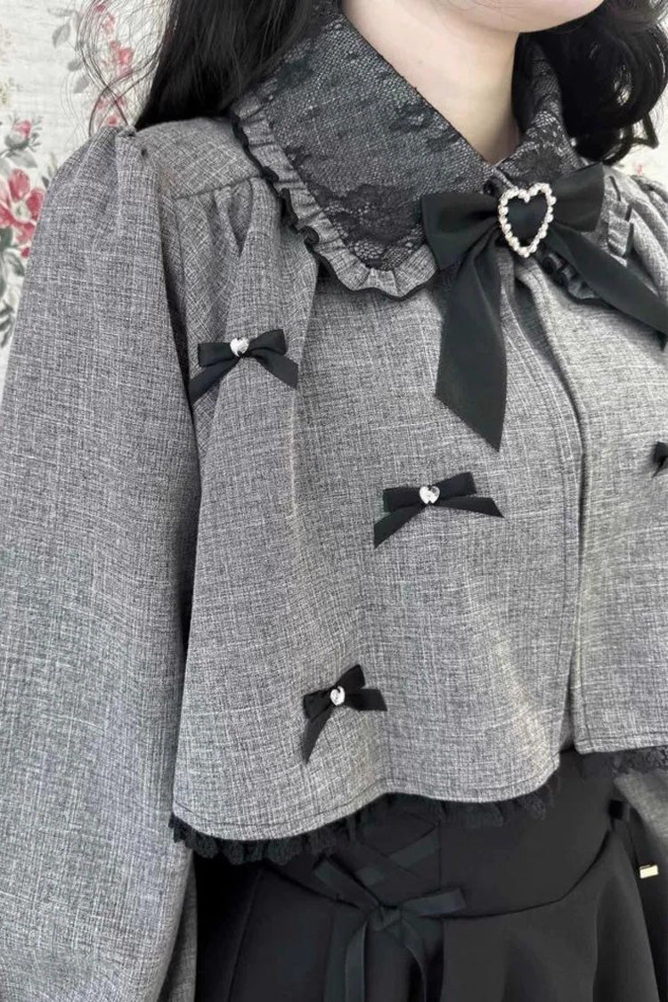 Grey Lapel Collar Long Sleeves Bowknot Sweet Japanese Jirai Kei Blouse Coat - Product - 6