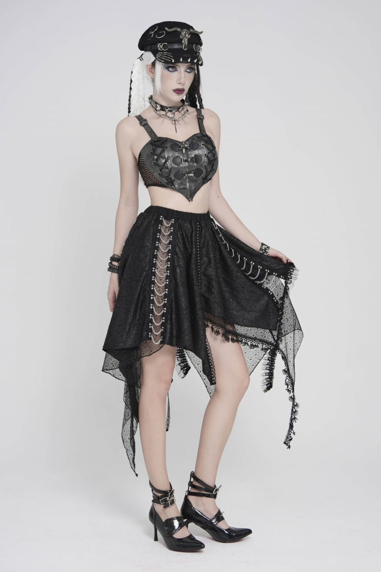 Black Lace Irregular Chain-Decorated Women's Punk Streamer Skirt - Product - 3
