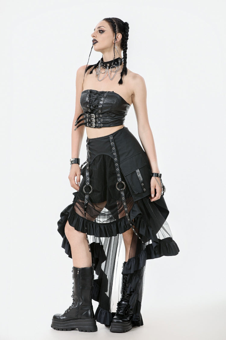 Black Eyelet Straps Women's High-Low Multi-Layered Ruffled Sheer Mesh Punk Skirt - Product - 9