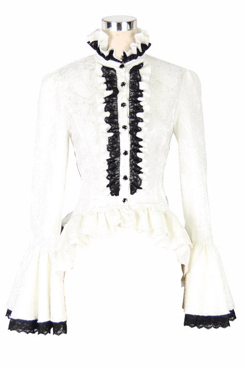 White Trumpet Sleeves Lace Ruffled Vintage Print Womens Gothic Blouse - Product - 4