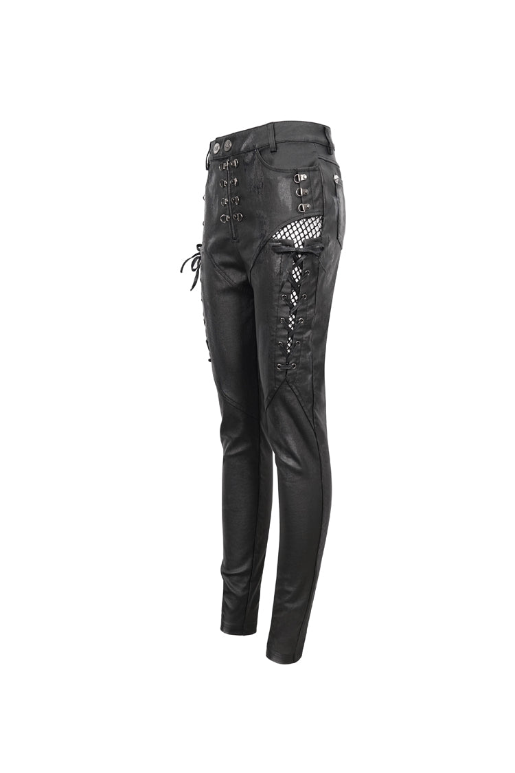 Black Stretch Faux Leather Paneled Mesh Women's Punk Trousers - Product - 7