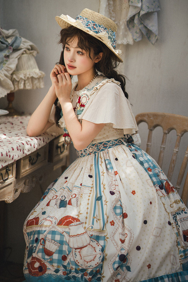 Blue/Green [Tea Party] Print Ruffle Bowknot Lace Sweet Elegant Lolita Jsk Dress - Product - 8