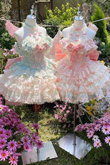 Pink [Flower Language of Eros] Halterneck Multi-Layered Ruffle Bowknot Rose Lace Lace-Up Sweet Ballet Lolita Jsk Dress - Product - 9