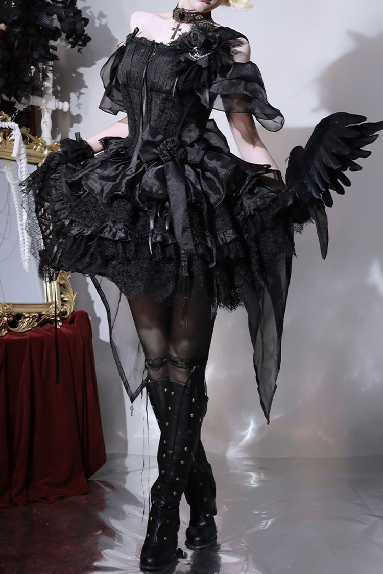 Black [Rose Memoirs] Sleeveless Multi-Layered Bowknot Lace Gothic Lolita Skirt Set - Product - 2