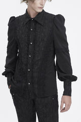 Black Lapel Collar Lantern Sleeves Jacquard Embroidery Men's Gothic Blouse - Black - 1