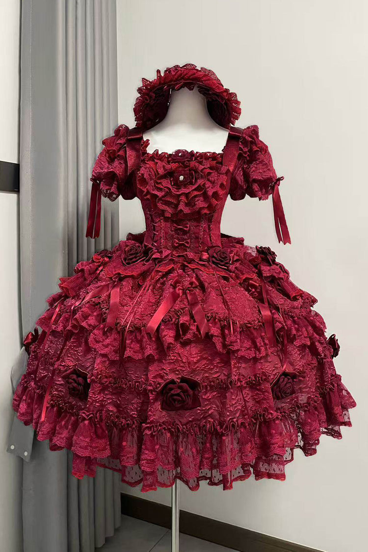 Red [Rose Manor] Square Collar Short Sleeves Ruffled Bow Lace Classic Lolita Dress - Red - 1