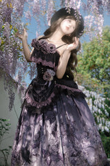 Black/Purple [Angel Garden] Sleeveless Print Ruffle Bowknot Lace Sweet Gothic Lolita Skirt Set - Product - 2