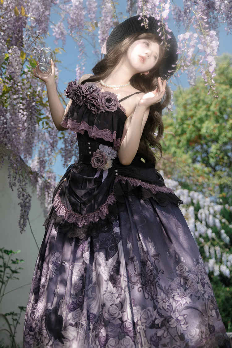 Black/Purple [Angel Garden] Sleeveless Print Ruffle Bowknot Lace Sweet Gothic Lolita Skirt Set - Product - 2