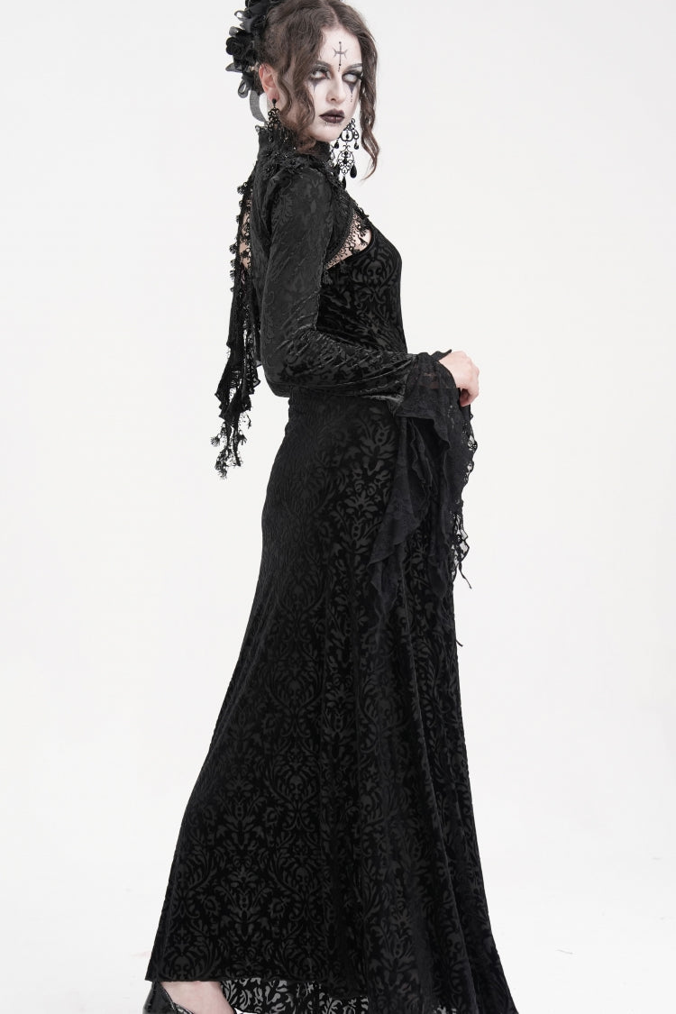 Black Stand Collar Long Sleeves Lace Tassels Women's Gothic Cape - Product - 11