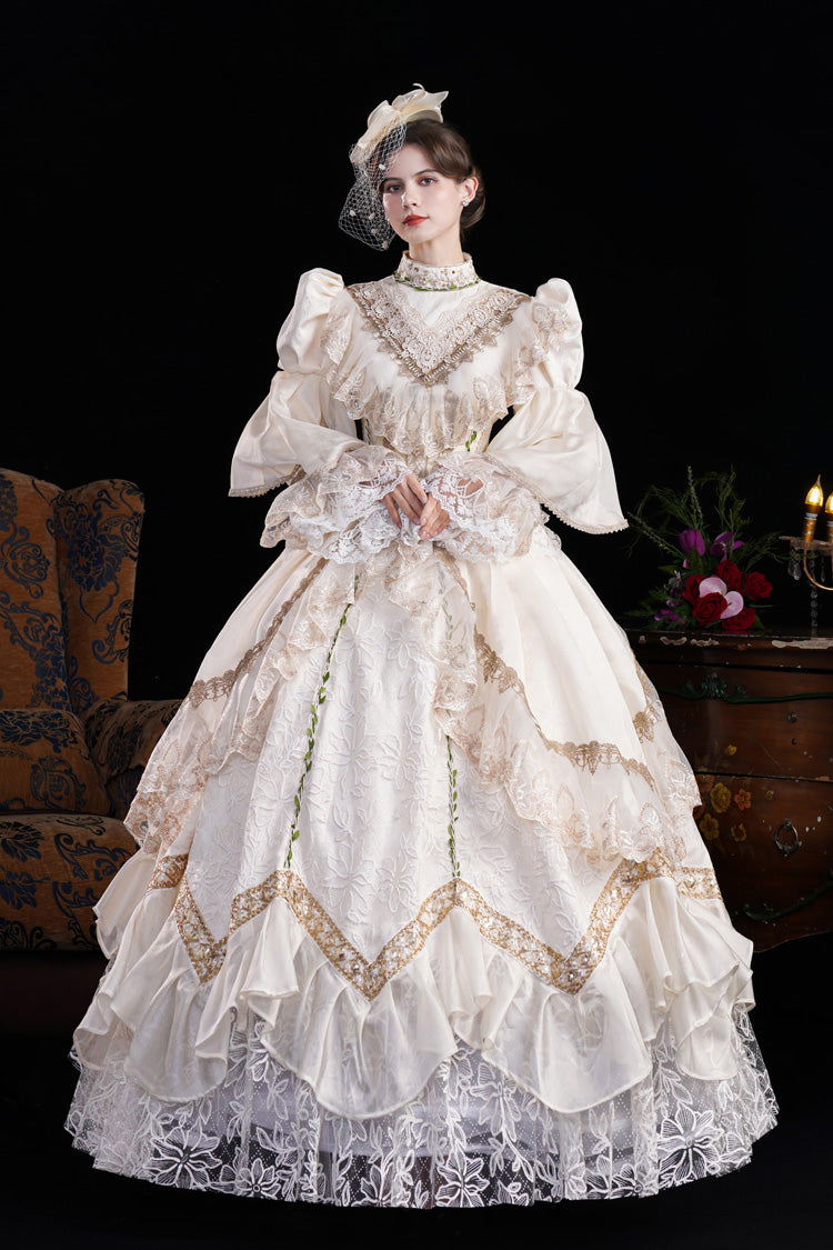 Champagne Stand Collar Long Sleeves Jacquard Wedding Style Open-Front Lace Sweet Princess Royal Lolita Victorian Dress - Champagne - 1