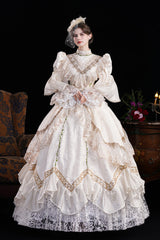 Champagne Stand Collar Long Sleeves Jacquard Wedding Style Open-Front Lace Sweet Princess Royal Lolita Victorian Dress - Champagne - 1