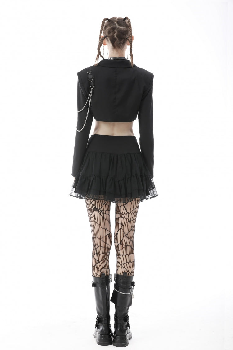 Black Lapel Collar Long Sleeves Chain-Decorated Women's Punk Irregular Short Jacket - Product - 4