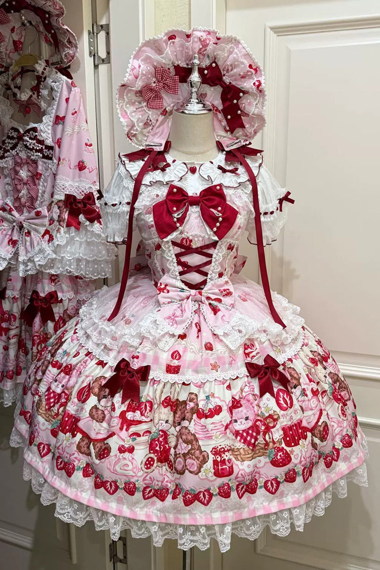 Red/Pink [Sweet Berry Bunny Bear] Printed Bow Lace Lace-Up Sweet Lolita Jsk Dress - Red/Pink - 1