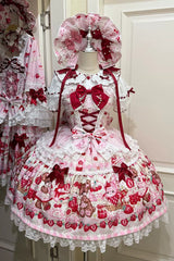 Red/Pink [Sweet Berry Bunny Bear] Printed Bow Lace Lace-Up Sweet Lolita Jsk Dress - Red/Pink - 1