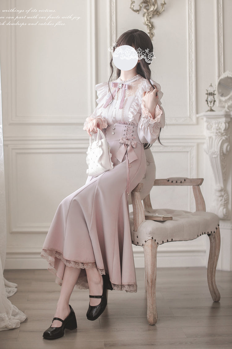 Pink Ruffle Bowknot Slim Sweet Elegant Lolita Fishtail Skirt Dress - Product - 8