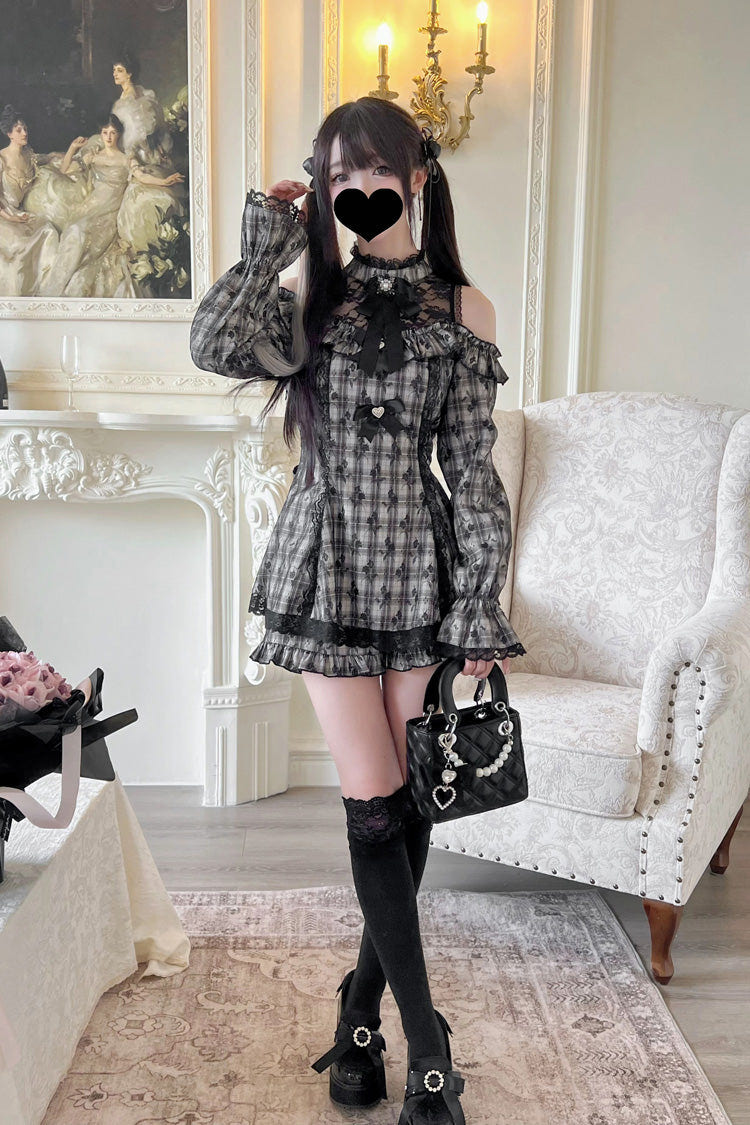 Sweet Off Shoulder Halterneck Long Sleeves Ruffle Bowknot Lace Jirai Kei Dress Shorts Set 4 Colors - Product - 2