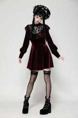 Red Long Sleeves Crochet Velvet Dress Women's Gothic Graduation Dress - Product - 5