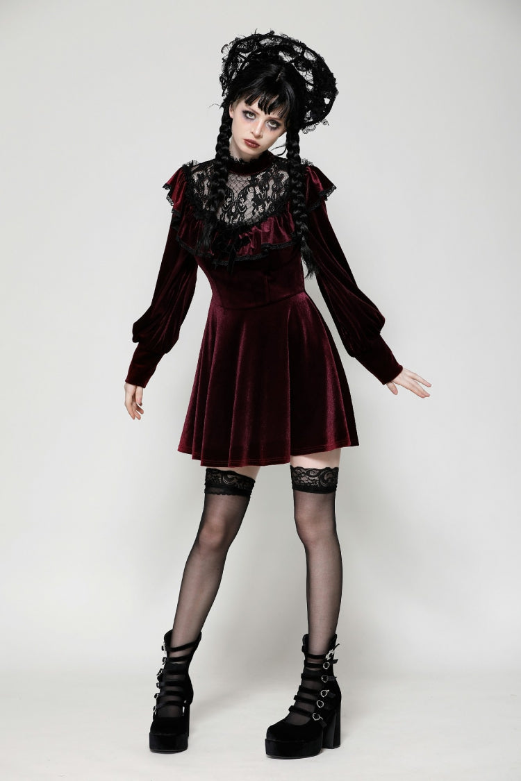 Red Long Sleeves Crochet Velvet Dress Women's Gothic Graduation Dress - Product - 5