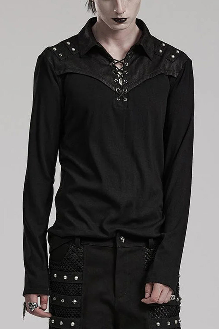 Black Lapel Collar Long Sleeves Stitching Mens Steampunk T-Shirt - Black - 1