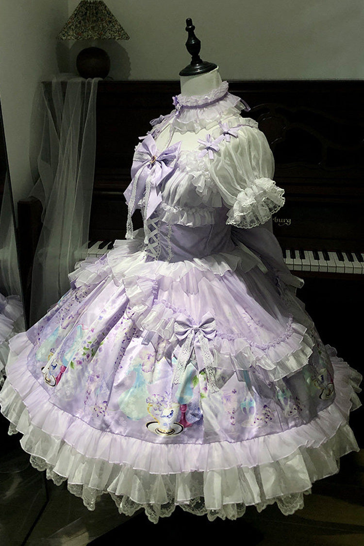 Purple [Wisteria Garden] Square Collar Triple-Layered Printed Ruffled Bow Lace Sweet Lolita Dress Set - Product - 10